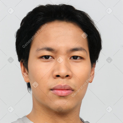 Neutral asian young-adult male with short  black hair and brown eyes