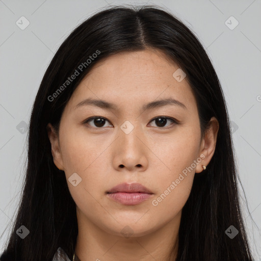 Neutral asian young-adult female with long  brown hair and brown eyes