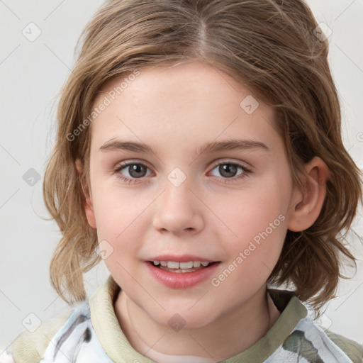 Joyful white child female with medium  brown hair and brown eyes