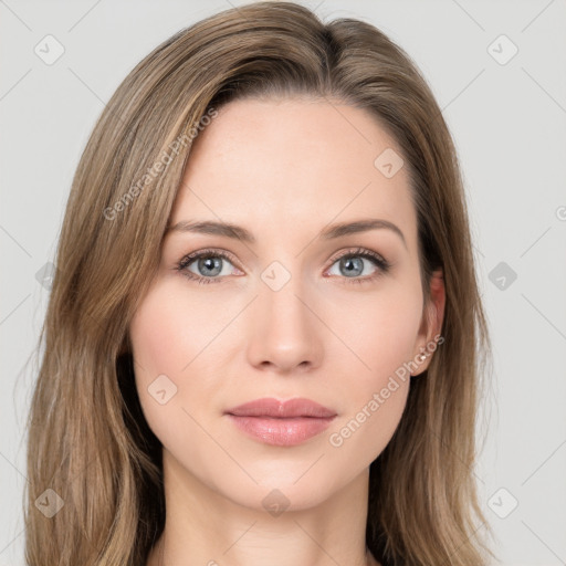 Neutral white young-adult female with long  brown hair and green eyes