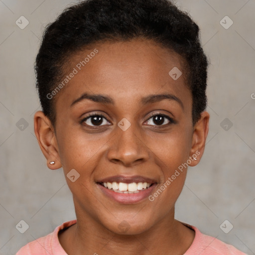 Joyful black young-adult female with short  brown hair and brown eyes