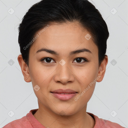 Joyful asian young-adult female with short  black hair and brown eyes