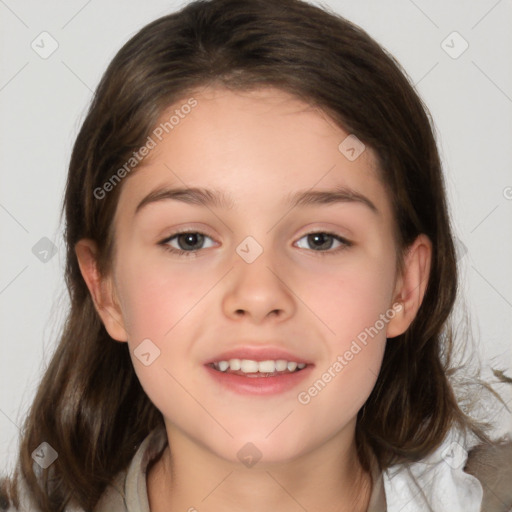 Joyful white child female with medium  brown hair and brown eyes