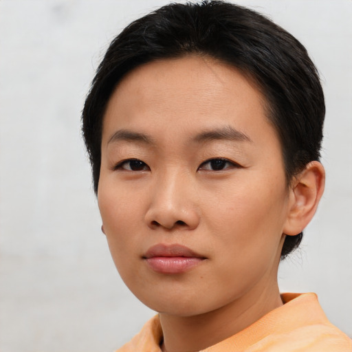 Neutral asian young-adult female with short  brown hair and brown eyes