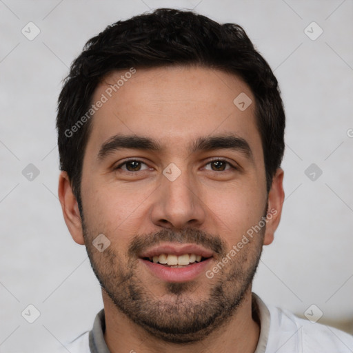 Joyful white young-adult male with short  black hair and brown eyes