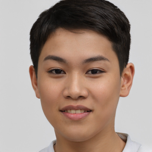 Joyful asian young-adult female with short  black hair and brown eyes