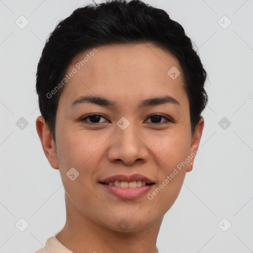 Joyful asian young-adult female with short  brown hair and brown eyes