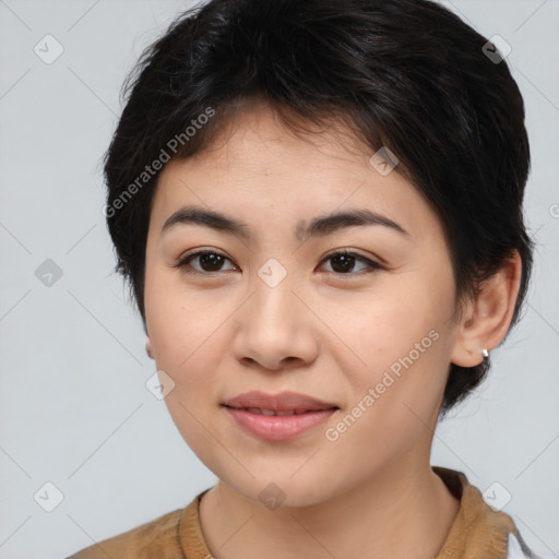 Joyful asian young-adult female with medium  brown hair and brown eyes