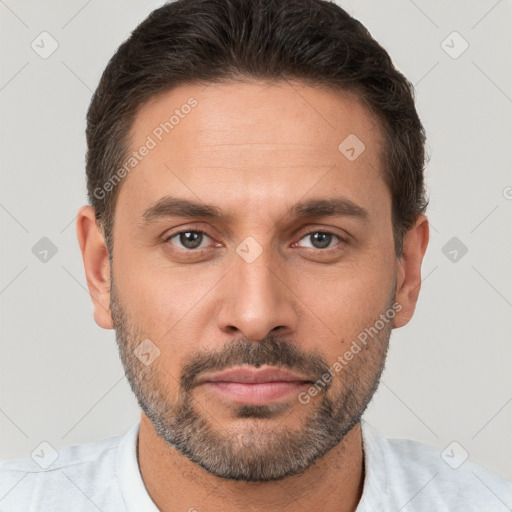 Neutral white adult male with short  brown hair and brown eyes