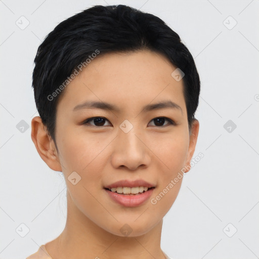 Joyful asian young-adult female with short  black hair and brown eyes