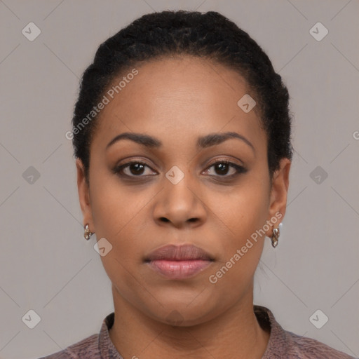 Neutral black young-adult female with short  black hair and brown eyes