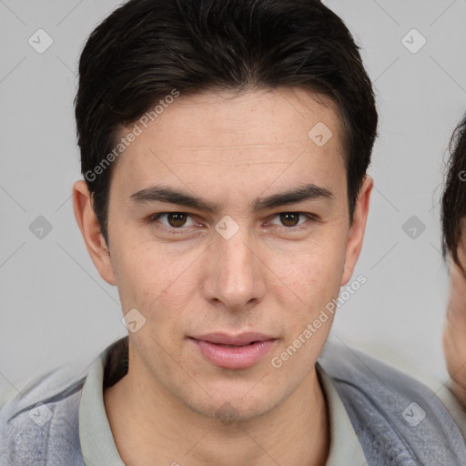 Neutral white young-adult male with short  brown hair and brown eyes