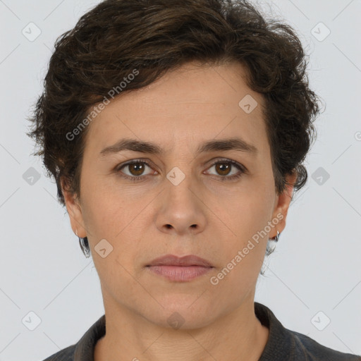 Neutral white young-adult female with short  brown hair and brown eyes