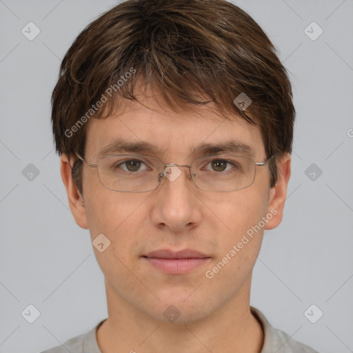 Neutral white young-adult male with short  brown hair and brown eyes