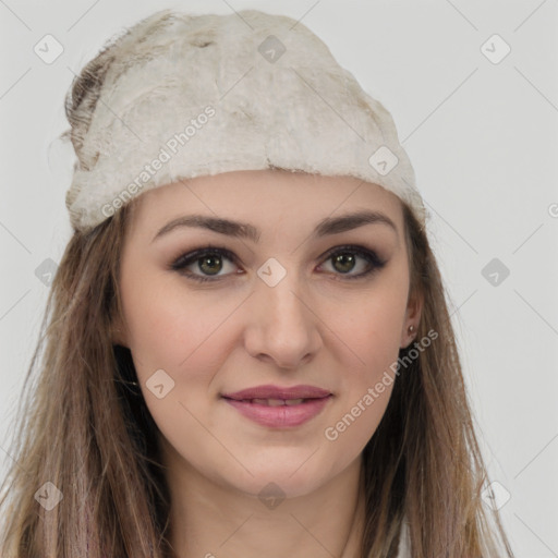 Joyful white young-adult female with long  brown hair and grey eyes