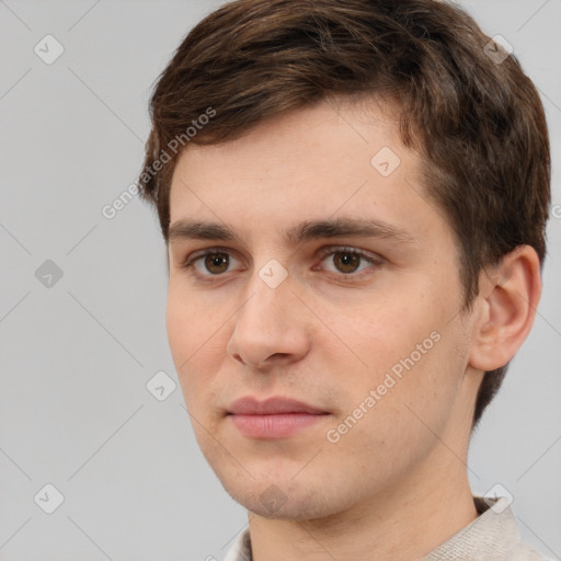 Neutral white young-adult male with short  brown hair and brown eyes