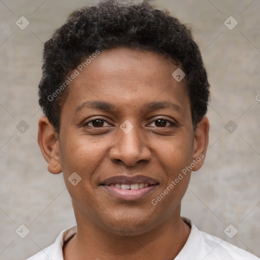 Joyful latino young-adult male with short  brown hair and brown eyes