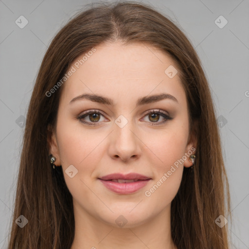 Joyful white young-adult female with long  brown hair and grey eyes