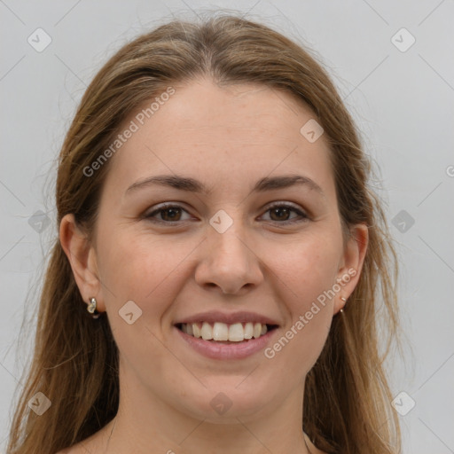 Joyful white young-adult female with long  brown hair and grey eyes