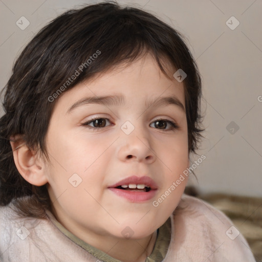 Joyful white child female with medium  brown hair and brown eyes