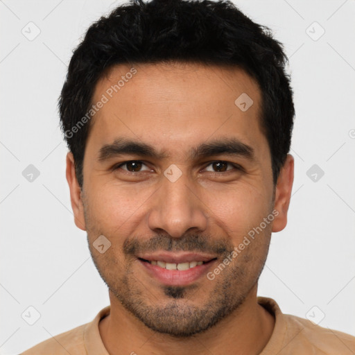 Joyful white young-adult male with short  black hair and brown eyes