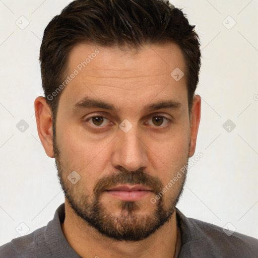 Neutral white adult male with short  brown hair and brown eyes