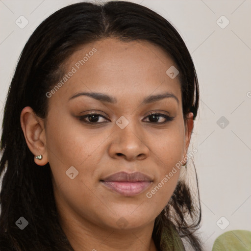 Joyful white young-adult female with long  brown hair and brown eyes