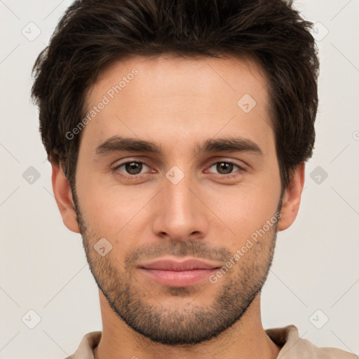 Neutral white young-adult male with short  brown hair and brown eyes