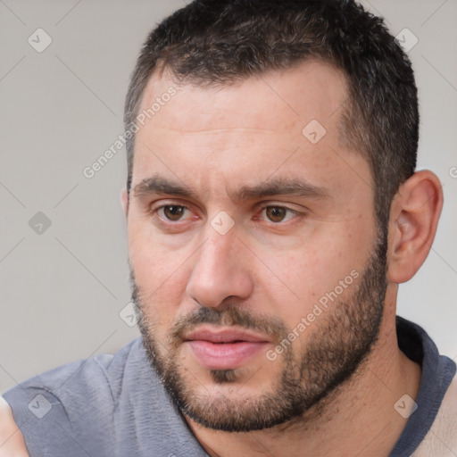 Neutral white young-adult male with short  brown hair and brown eyes