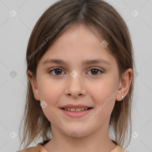 Joyful white child female with medium  brown hair and brown eyes