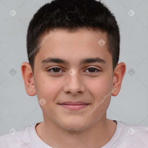 Joyful white child male with short  brown hair and brown eyes