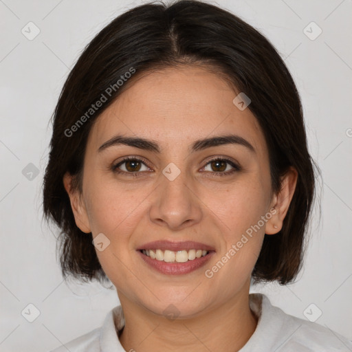 Joyful white young-adult female with medium  brown hair and brown eyes