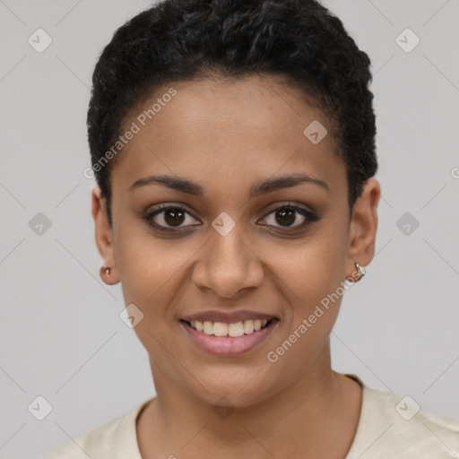 Joyful latino young-adult female with short  black hair and brown eyes