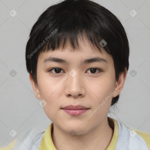 Neutral asian young-adult female with short  brown hair and brown eyes
