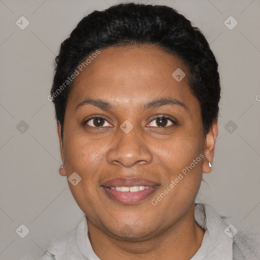 Joyful black young-adult female with short  black hair and brown eyes