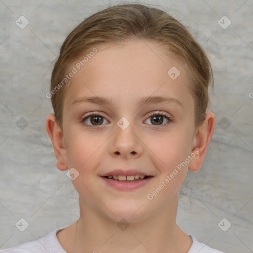 Joyful white child female with short  brown hair and brown eyes