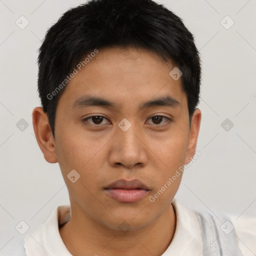 Neutral asian young-adult male with short  brown hair and brown eyes