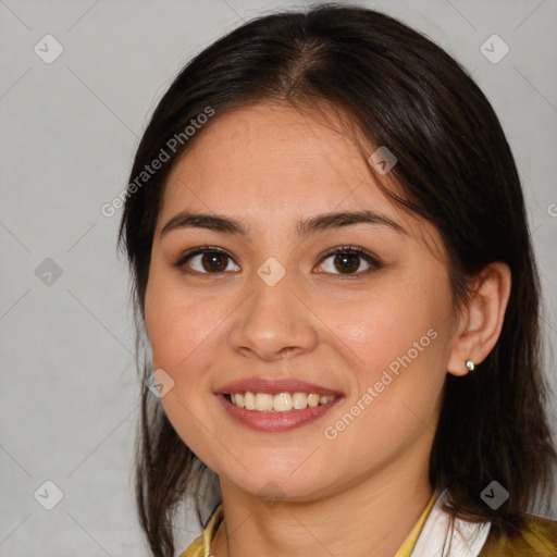 Joyful white young-adult female with medium  brown hair and brown eyes