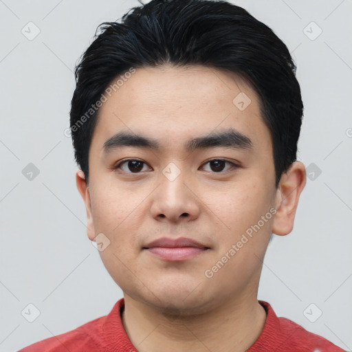 Neutral asian young-adult male with short  black hair and brown eyes