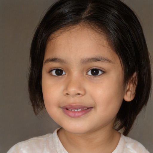 Joyful white child female with medium  brown hair and brown eyes