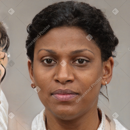 Neutral black young-adult female with short  brown hair and brown eyes