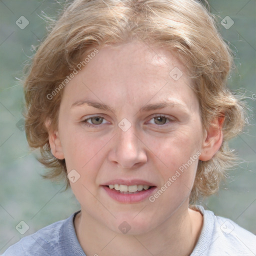 Joyful white young-adult female with medium  brown hair and blue eyes