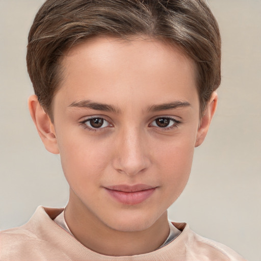 Joyful white child female with short  brown hair and brown eyes