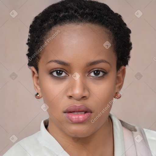 Neutral black young-adult female with short  brown hair and brown eyes