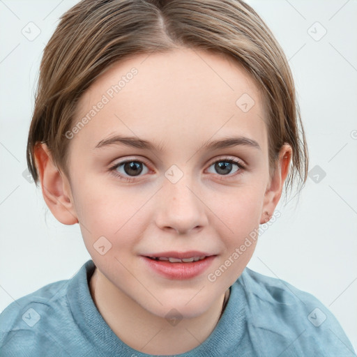 Joyful white child female with medium  brown hair and blue eyes