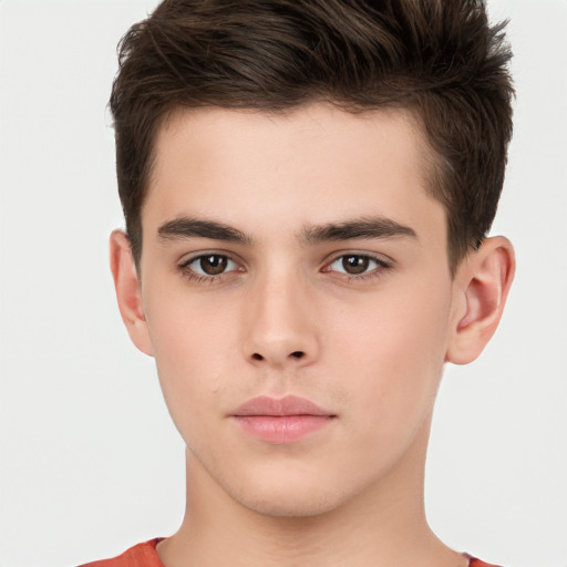 Neutral white young-adult male with short  brown hair and brown eyes