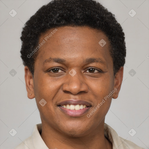 Joyful latino young-adult male with short  brown hair and brown eyes