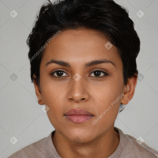 Neutral latino young-adult female with short  black hair and brown eyes