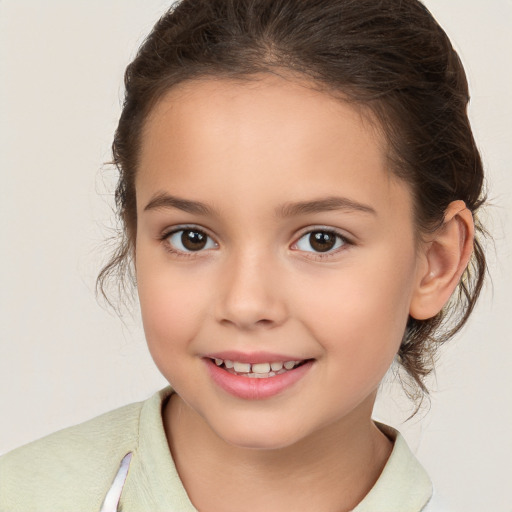 Joyful white child female with medium  brown hair and brown eyes