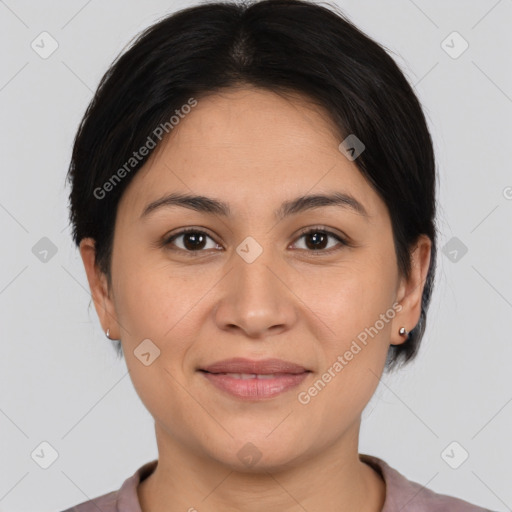 Joyful white young-adult female with medium  brown hair and brown eyes